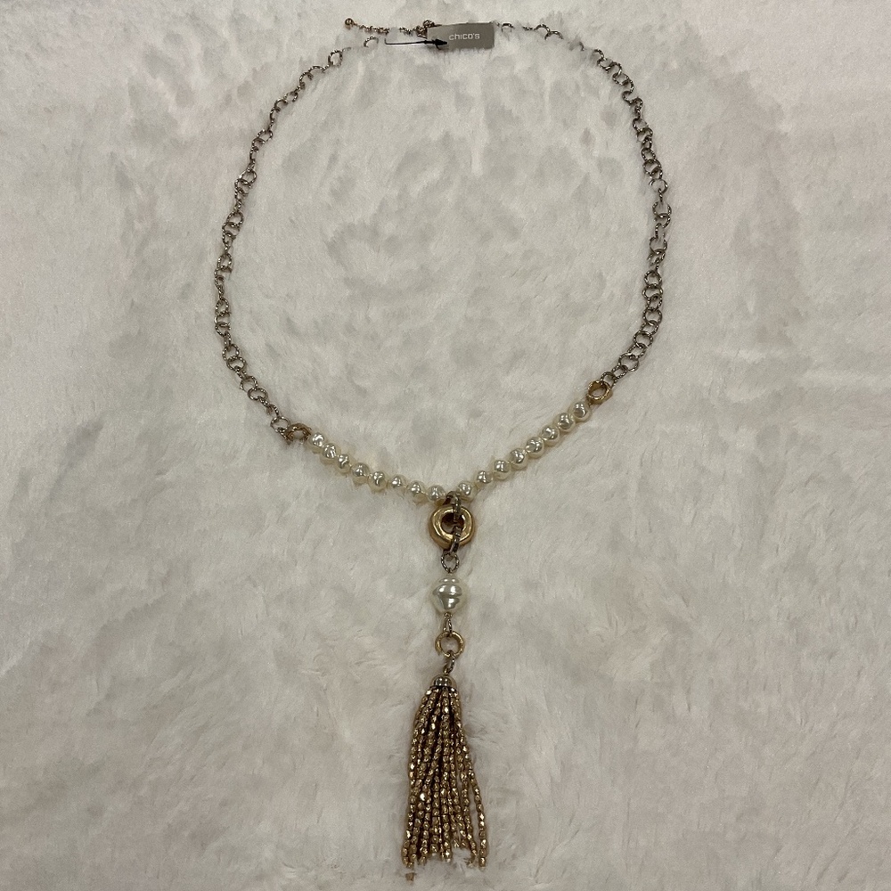 Chico’s Beaded Faux Pearl Gold Tone and Silver Tassel Necklace